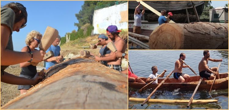 Türk arkeologlar taş aletlerle kütükten Cilalı Taş Devri teknesi yontuyor