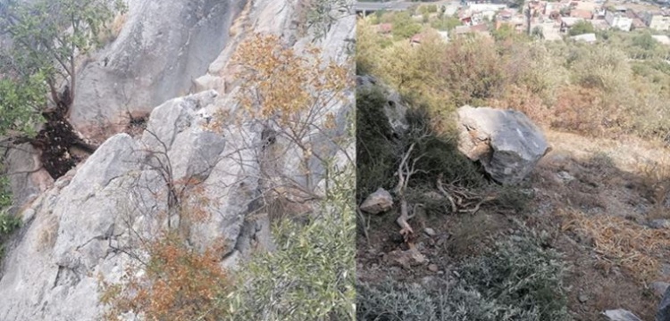 Kozan kalesinden yuvarlanan kaya evlere 150 metre kala ağaca takıldı