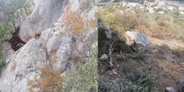 Kozan kalesinden yuvarlanan kaya evlere 150 metre kala ağaca takıldı