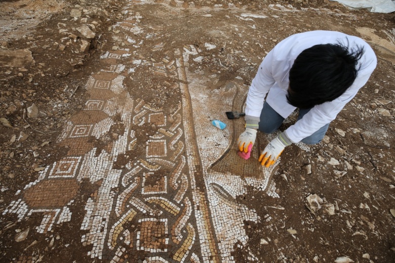Kızıltepe'deki Kela Hanma'da arkeologlar ilk kez deniz canlısı figürlü mozaik buldu